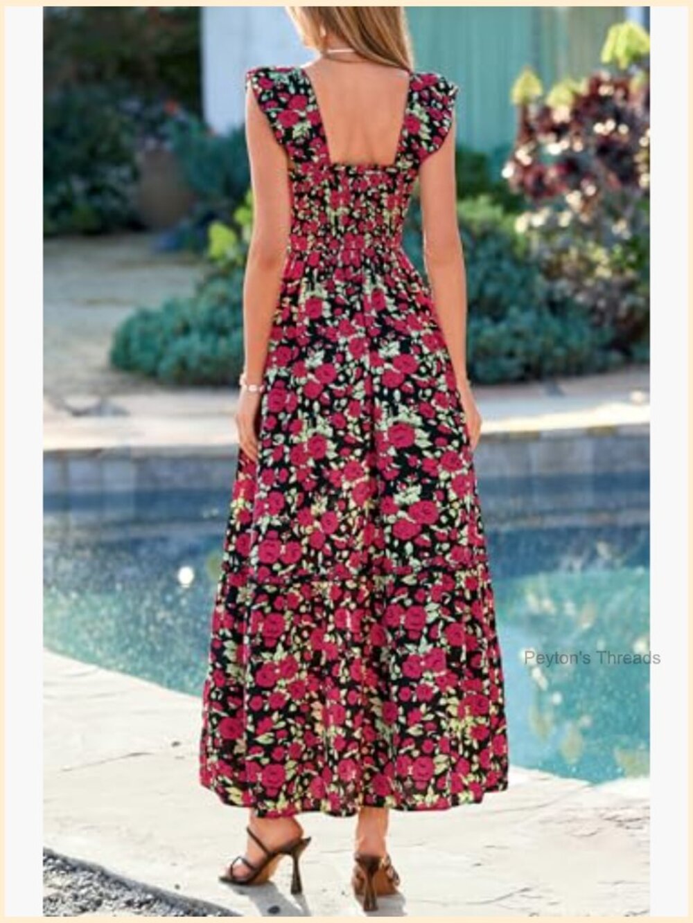 Womens Smocked Floral Ruffle Sleeve Slit Maxi Dress Boho Beach Sundress - Picture 5 of 7